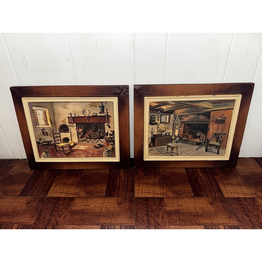 VTG Ruth Perkins Soffard Colonial Hearth Print Pair AAK NY Wood Frame‎ Farmhouse